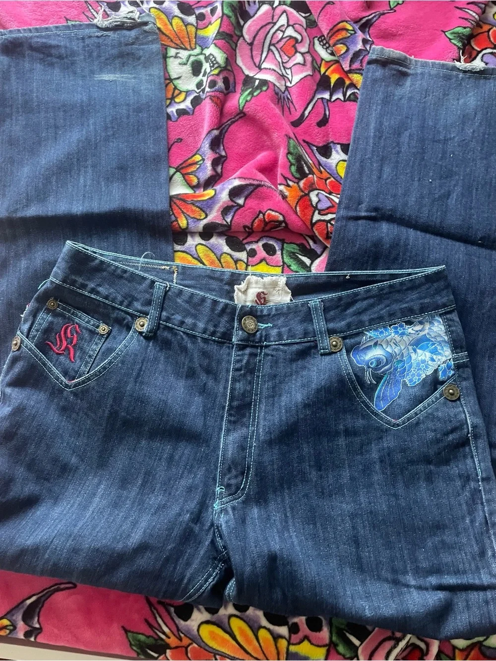 Men's Dark Blue Embroidered Koi Jeans